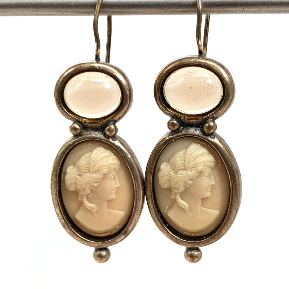 Extasia Ivory Glass Cameo Intaglio Cabochon Earrings Victorian  Brass Stunning